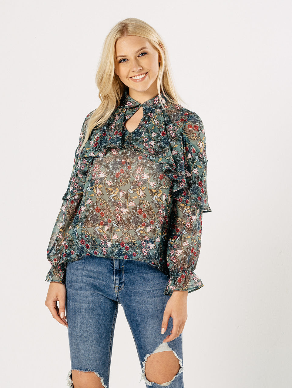 Floral Frill Keyhole Front Sheer Blouse – GlamourNaire